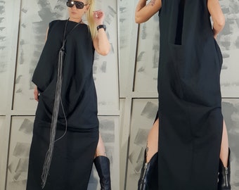Avant Garde Black Linen Dress: Asymmetrical Steampunk Clothing