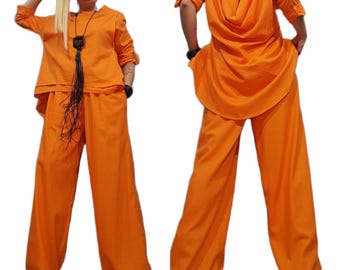 Orange Linen Set Women, Oversized Tunic Wide Leg Pants, Avant Garde Two Piece Outfit