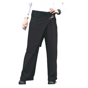 May include: Black wrap-style pants with a unique asymmetrical design. The pants feature a wide leg and a wrap-around panel secured with a silver-tone clasp. The waistline is high, and the pants are made of a solid, dark fabric.