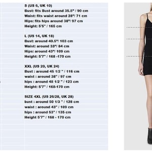 May include: Size chart for a black mini dress with a V-neckline and spaghetti straps. The chart lists sizes in US and UK sizing, along with bust, waist, hip, and height measurements in inches and centimeters.