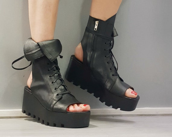 Platform Leather Sandals High Summer Sandals Combat Boots - Etsy