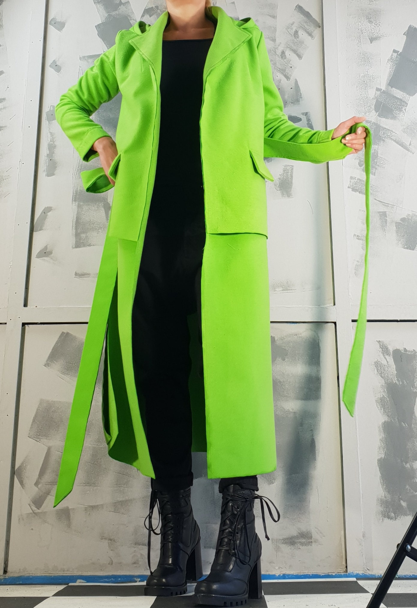 Women Long Coat Extravagant Wool Coat Green Asymmetrical Etsy