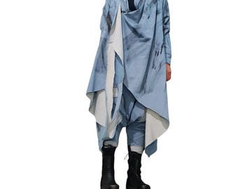 Painted Denim Jacket – Asymmetrical Gothic Jean Coat, Avant Garde Grunge Outerwear, Artistic Hand Painted Women’s Jacket