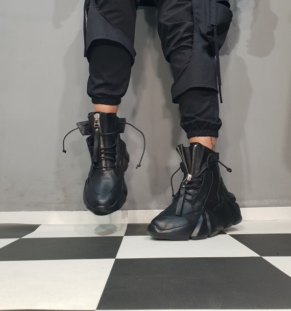 Black Leather Ankle Boots – Avant Garde Gothic Sneakers  display picture 3
