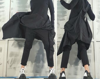 Vestido túnica asimétrico negro de vanguardia – Top minimalista deconstruido para mujer – Moda urbana holgada
