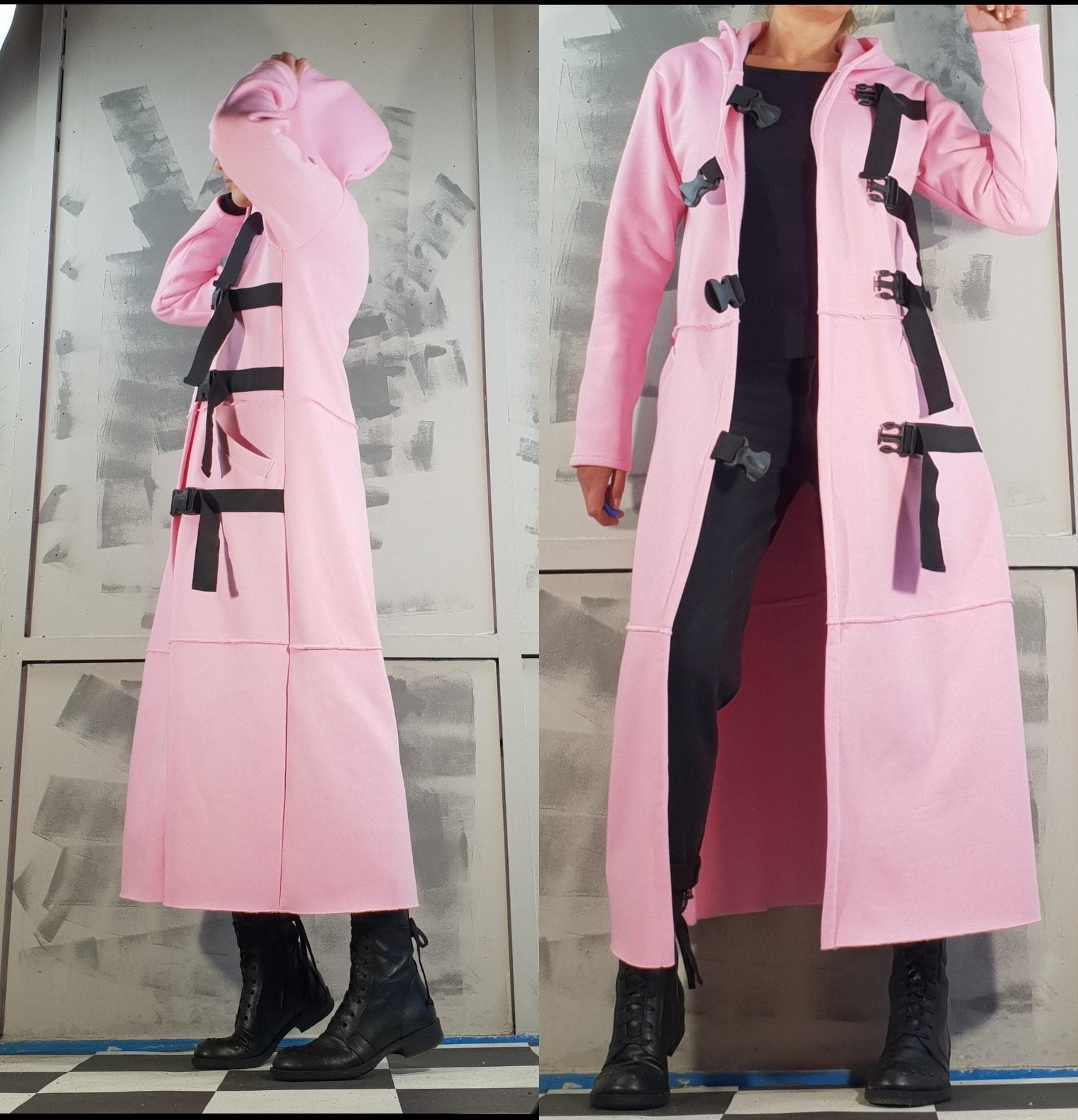アバンギャルドなピンクのフード付きコート – オーバーサイズの