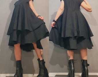 Vestido sin mangas de lino negro, diseño vanguardista de gran tamaño, vestido holgado y extravagante, vestido asimétrico, vestido sin mangas, vestido con ondas