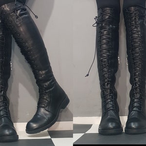 Black Flat Boots, Black Leather High Boots, Extravagant Shoes, Women Leather Shoes, Gothic Shoes, Long Boots, Handcrafted Shoes