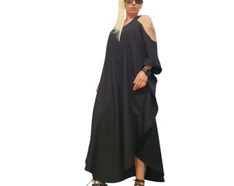 Black Linen Asymmetrical Maxi Dress, Avant Garde Oversized Cold Shoulder Dress