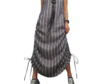 Oversized Linen Dress Asymmetrical Striped Avant Garde Dress