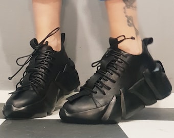 Avant Garde Leather Sneakers – Designer Chunky Gothic Shoes, Bold Streetwear Footwear for Women, Extravagant Sole Sneakers