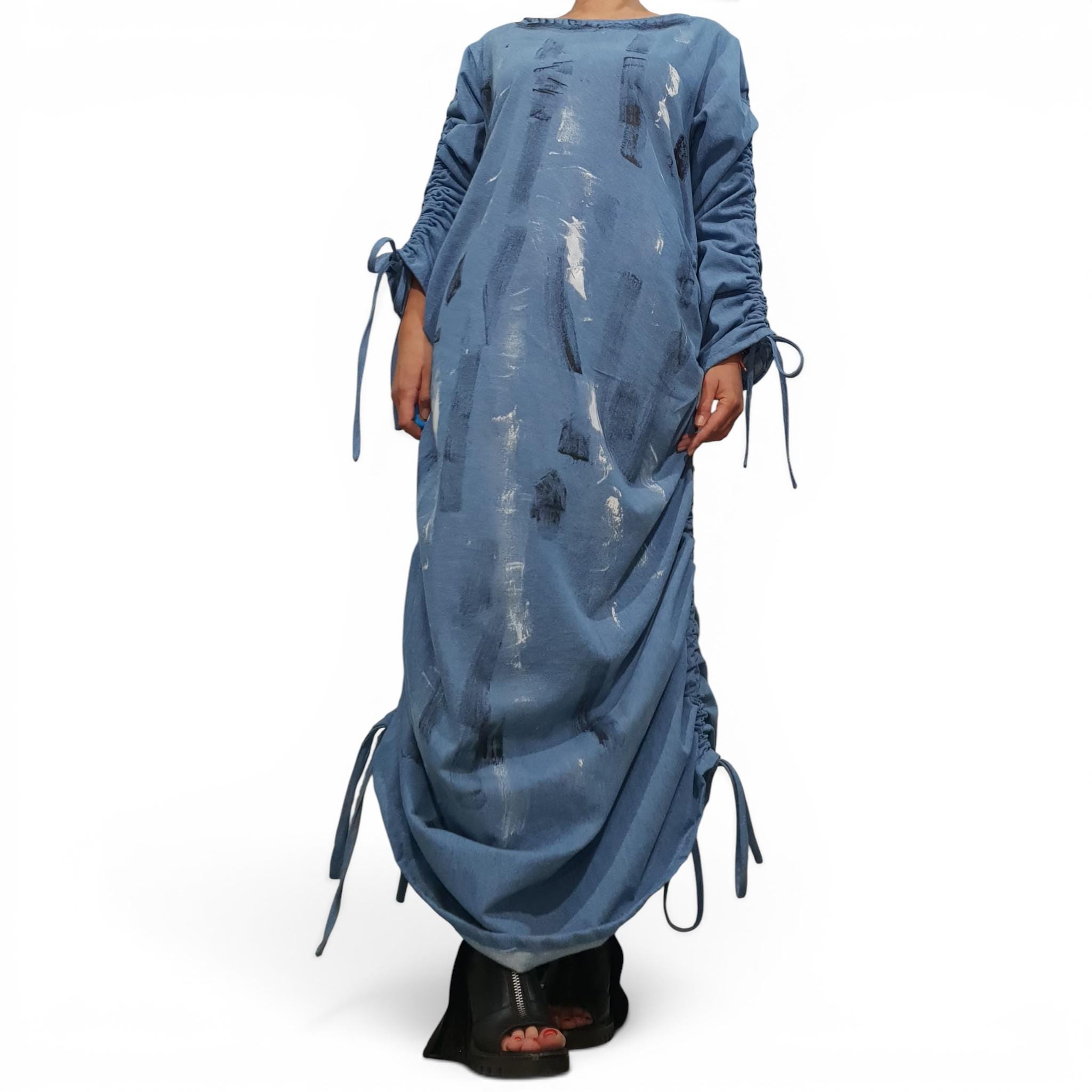 avant garde blue dress Blue Avant Garde Hand-Painted Denim Maxi Dress, Oversized Asymmetrical  Ruched Side Dress