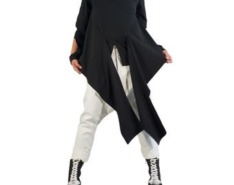Asymmetric Black Tunic: Oversized Extravagant Sleeve Top