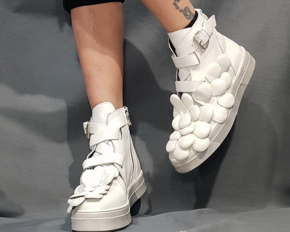 White Leather High Top Sneakers Women – 3D Flower Design Shoes – Avant Garde Boots – Handmade Designer Footwear – Unique Gothic Sneakers