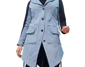 Women's Blue Denim Jacket, Asymmetrical Long Blazer with Pockets, Avant Garde Cotton Outerwear