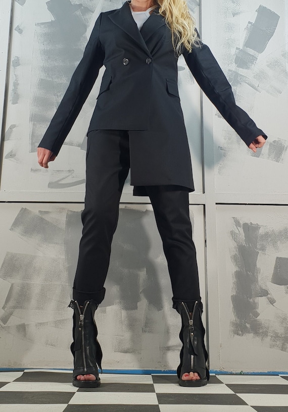 Asymmetrical Black Blazer – Avant Garde Statement Jacket, Sculptural Steampunk Coat for Women, Handmade Deconstructed Fashion
