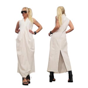 White Linen Maxi Dress Oversized Avant Garde Dress Sleeveless Minimalist Kaftan Dress
