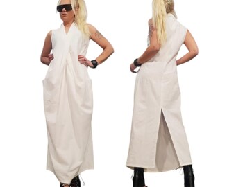 White Linen Maxi Dress Oversized Avant Garde Dress Sleeveless Minimalist Kaftan Dress