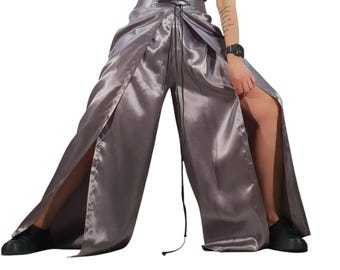 Gray Satin Wrap Front Pants, Avant Garde High Waist Trousers, Wide Leg Slit Pants