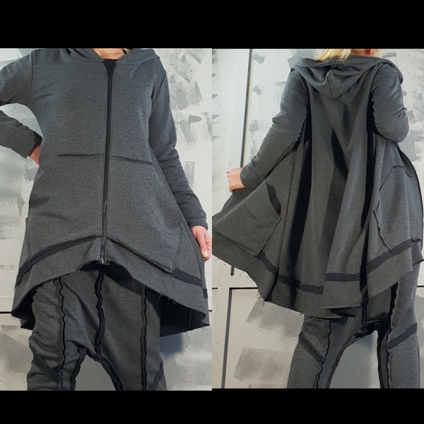 Extravagant Hoodie Jacket, Plus Size Hoodie, Long Sleeved Hoodie, Hooded Top, Oversized Hoodie, Cotton Zipper Hoodie, Gray Maxi Zipper Top