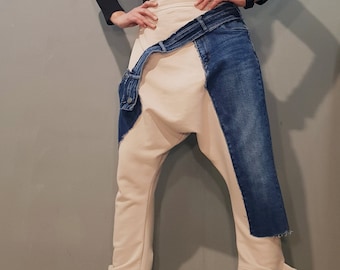 Avant Garde Harem Pants – Cotton Drop Crotch Trousers with Denim Patch, Loose Fit Streetwear Women Pants