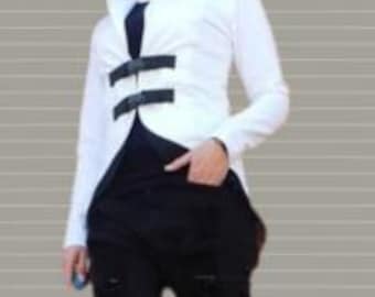 White Avant Garde Blazer, Women Asymmetrical Jacket Black Strap, Minimalist Modern Blazer