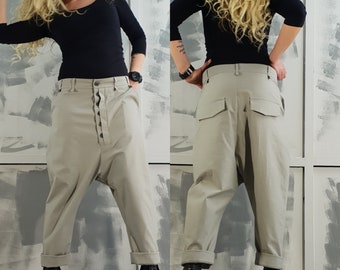 Extravagante damesharembroek, wijde damesbroek, avant-gardebroek, grijze losse broek, gotische broek, punkbroek