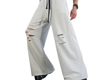 White Wide Leg Pants, Slashed High Waist Cotton Trousers, Avant Garde Women's Pants