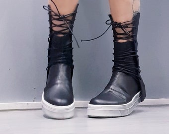 Gothic Platform Leather Sneakers: Avant Garde Women's Shoes