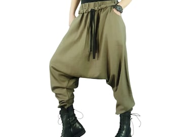 Olive Green Linen Harem Pants, Women's Avant Garde Drop Crotch Trousers