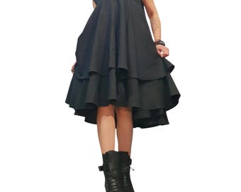 Asymmetrical Layered Linen Dress Avant Garde Black Midi Dress