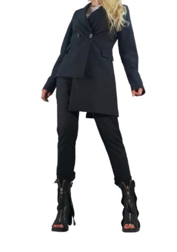 Black Blazer & Pants Set Women Asymmetrical Avant Garde Suit Minimalist Two Piece Outfit