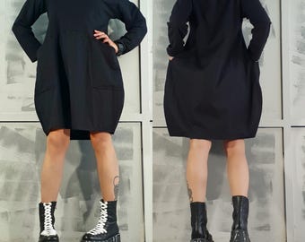 Schwarzes Baumwoll Tunika Kleid -Lange Ärmel Asymmetrische Avantgarde Maxi Blouson, Gothic Urban Loose Fit Designer Extravagante Kleidung
