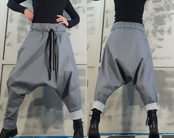 Denim Harem Pants – Women's Gray Avant Garde Drop Crotch Trousers, Baggy Gothic Streetwear, Extravagant Urban Festival Outfit