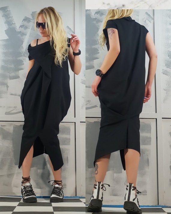 Robe noire ample robe surdimensionnee robe en coton ample robe asymetrique robe a une epaule robe de fete robe decontractee robe sans manches Etsy France