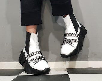 Avant Garde Leather Platform Sneakers – Designer Gothic Shoes, Chunky Festival Footwear, Handmade Black Fashion Boots, Edgy Streetwear Style