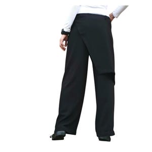 May include: Black wrap-style pants with a wide-leg design. The pants feature a unique wrap detail on the front, creating an asymmetrical look. The model is wearing a white long-sleeve shirt. The pants are made of a smooth, flowing fabric.