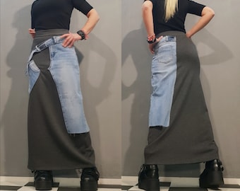 Avant Garde Long Skirt – Upcycled Denim Maxi Skirt, Sustainable Asymmetrical Gothic Streetwear, Urban Edgy Women’s Fashion