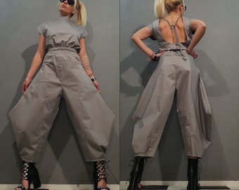 Avant Garde Women's Set – Wide Leg Designer Pants & Open Back Top | High Fashion Two Piece Outfit | Edgy Minimalist Statement Look