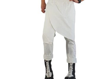 Women's Avant Garde Skirt Front Trousers, Asymmetrical White Pants, Plus Size Textile Pants