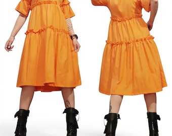 Orange Linen Tiered Boho Dress, Oversized Summer Midi Dress