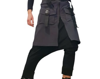 Black Harem Pants with Skirt – Avant Garde Drop Crotch Trousers, Asymmetrical Baggy Women Pants