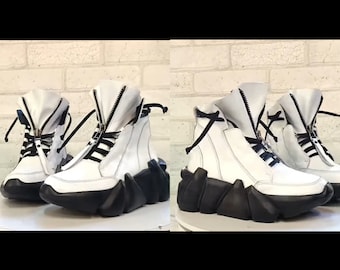 Zapatillas vanguardistas de piel blanca – Zapatos futuristas de suela gruesa – Botas esculturales de plataforma – Calzado de moda artística hecho a mano