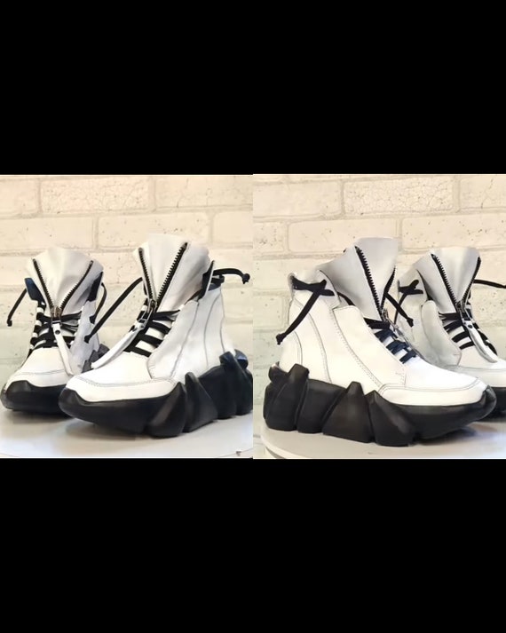 Avant-Garde White Leather Sneakers – Futuristic Chunky Sole Shoes – Sculptural Platform Boots – Art Fashion Footwear Handmade
