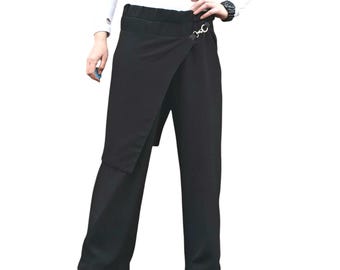 Asymmetrical Black Wide Leg Pants, Avant Garde Buckle Detail Trousers