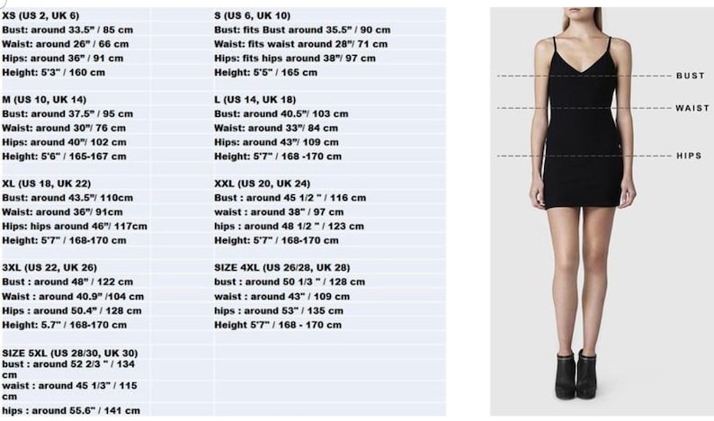 May include: Size chart for a black mini dress with a V-neckline and spaghetti straps. The chart lists sizes in US and UK sizing, along with bust, waist, hip, and height measurements in inches and centimetres.