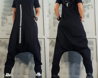 Tuta harem da donna, tuta/vestito nero, tuta con cerniera, tuta stravagante, tuta in cotone, tuta a maniche corteNonstandarddesign