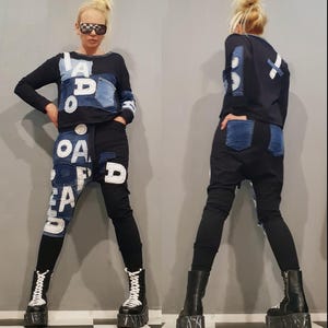 Avant-garde denim patchworkset: futuristisch harembroekkostuum