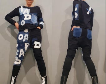Avantgarde Denim Patchwork Set, Haremshose & Top, futuristische Streetwear, Einzigartiges Frauen Outfit