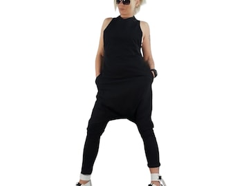 Black Harem Jumpsuit for Women, Plus Size Avant Garde Sleeveless Drop Crotch Jumpsuit
